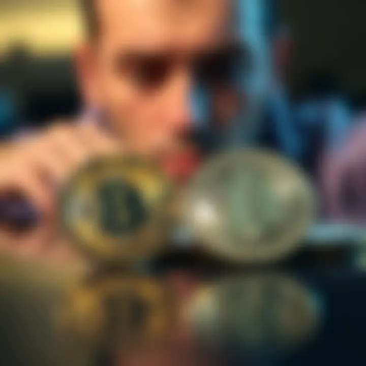 Close-up of two different coins representing cryptocurrency, with a questioning expression on a person's face in the background