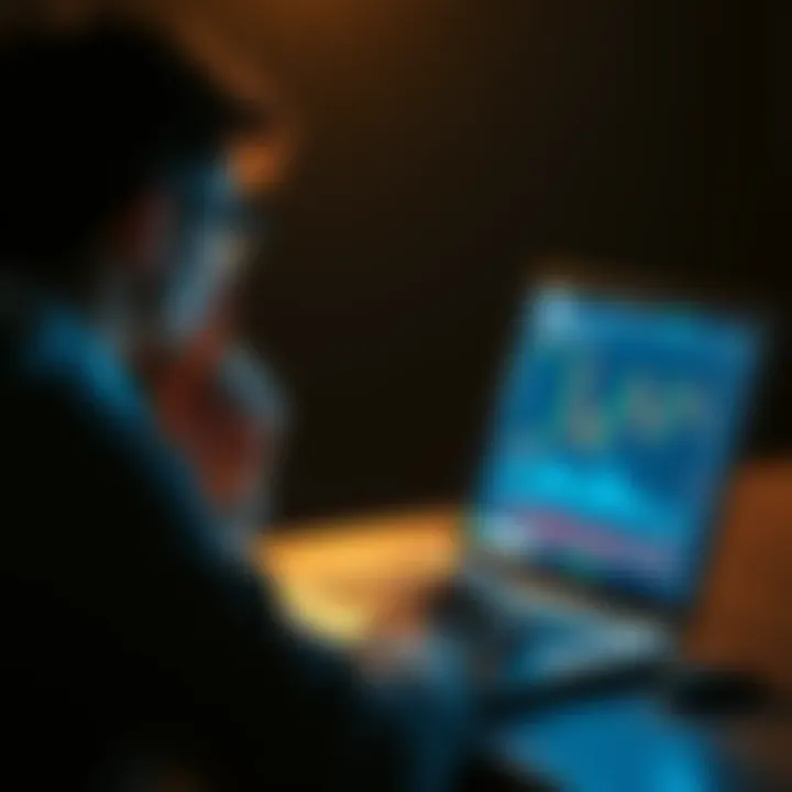 A person pondering over cryptocurrency options with a laptop open to a trading platform, showing charts and graphs.