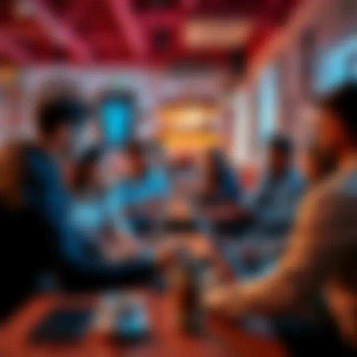 A group of people discussing cryptocurrency in a casual setting with laptops and coffee cups, emphasizing engagement and collaboration in the crypto community.