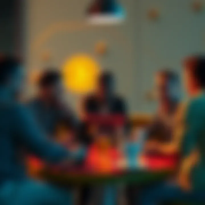 A group of people discussing cryptocurrency in a casual setting, with laptops and coffee cups around them.
