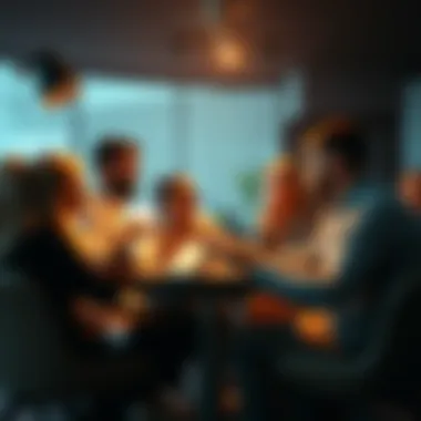 A diverse group of people engaged in a lively discussion about cryptocurrency trends and sharing insights while cautioning against scams.