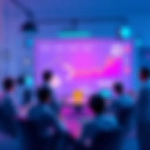 People discussing cryptocurrency topics with charts and graphs around them.