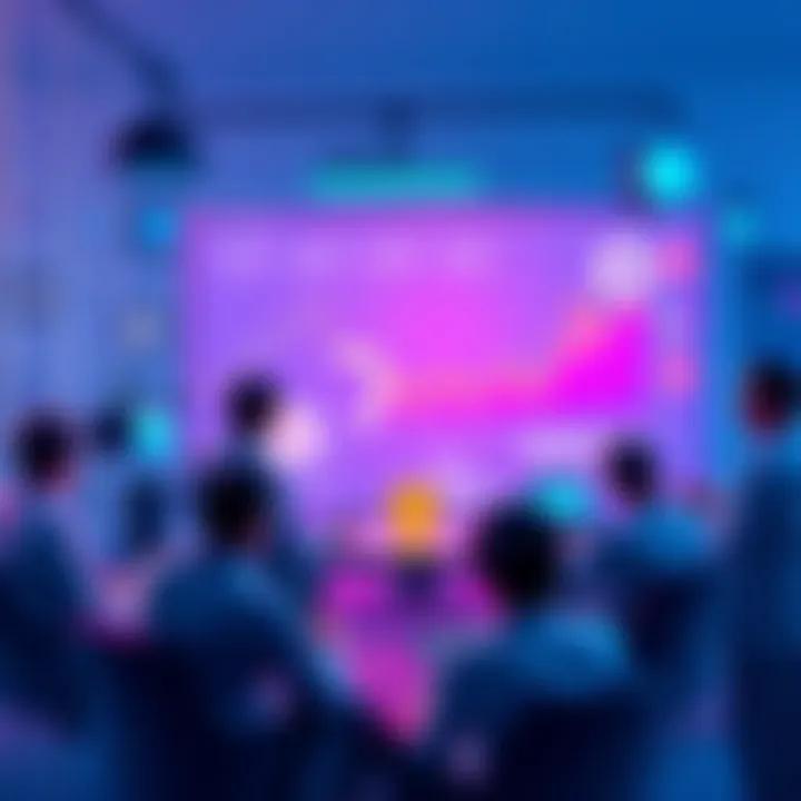People discussing cryptocurrency topics with charts and graphs around them.