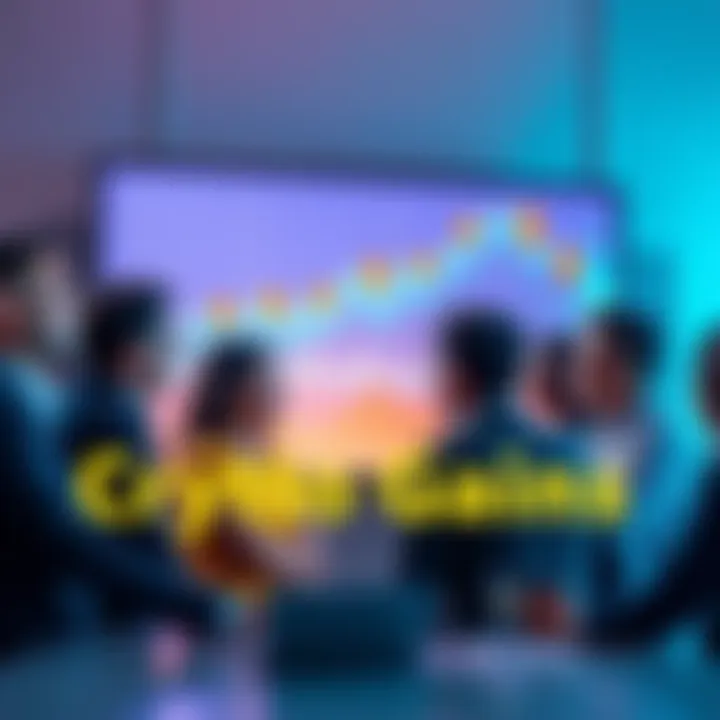 A group of people discussing cryptocurrency trends with excited expressions and charts on a screen showing upward movement.