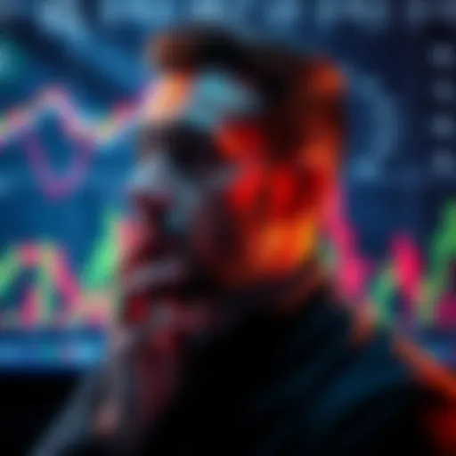 A person reflecting on lessons learned in cryptocurrency, showing a thoughtful expression with charts and graphs in the background.