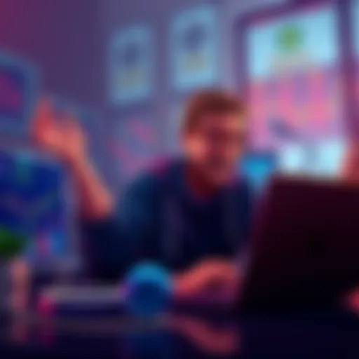 A person excitedly trading cryptocurrency on Bybit with a laptop, showing profits on the screen.