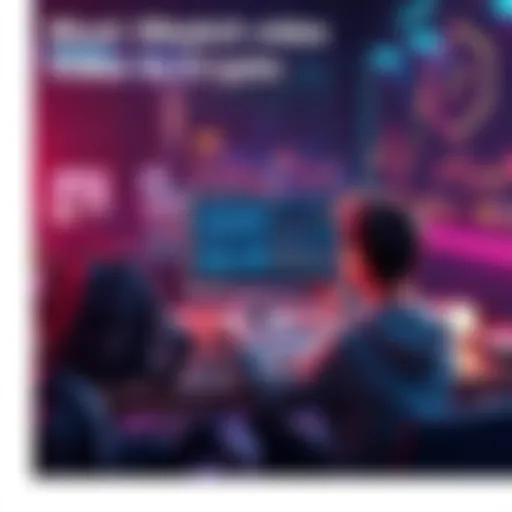 A person sitting at a desk, watching cryptocurrency videos on a laptop, with charts and graphs displayed on the screen.