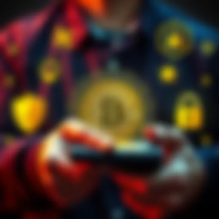 A person securely storing Bitcoin and crypto assets with a hardware wallet, surrounded by protective icons like a shield and lock.
