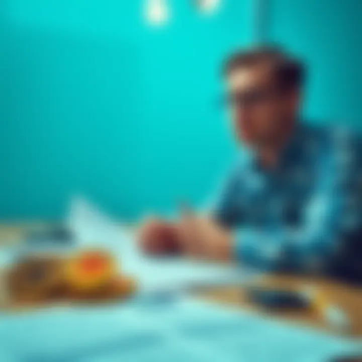 A person contemplating a crypto-backed loan with Bitcoin icons and loan documents on a table
