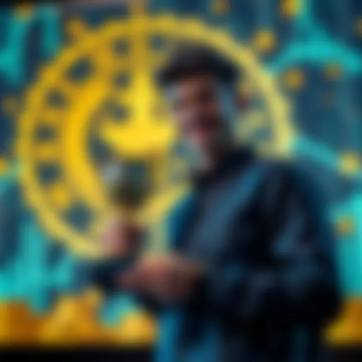 Individual holding a trophy representing a new Guinness World Record in front of a cryptocurrency-themed backdrop
