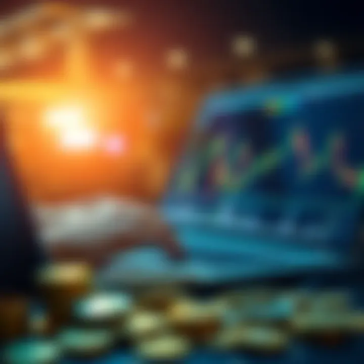 A person reviewing cryptocurrency charts on a laptop with coins in the foreground