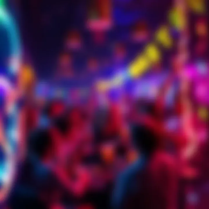 A group of people joyfully celebrating a new crypto milestone with drinks and banners, surrounded by colorful lights and decorations.
