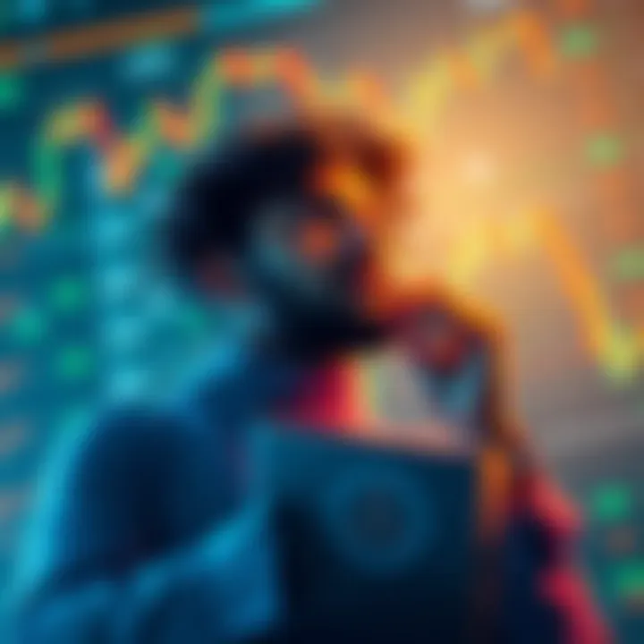 A person contemplating the sale of AVAX and DOT cryptocurrency, considering better investment options like BTC, ETH, or LINK, surrounded by crypto charts and graphs.