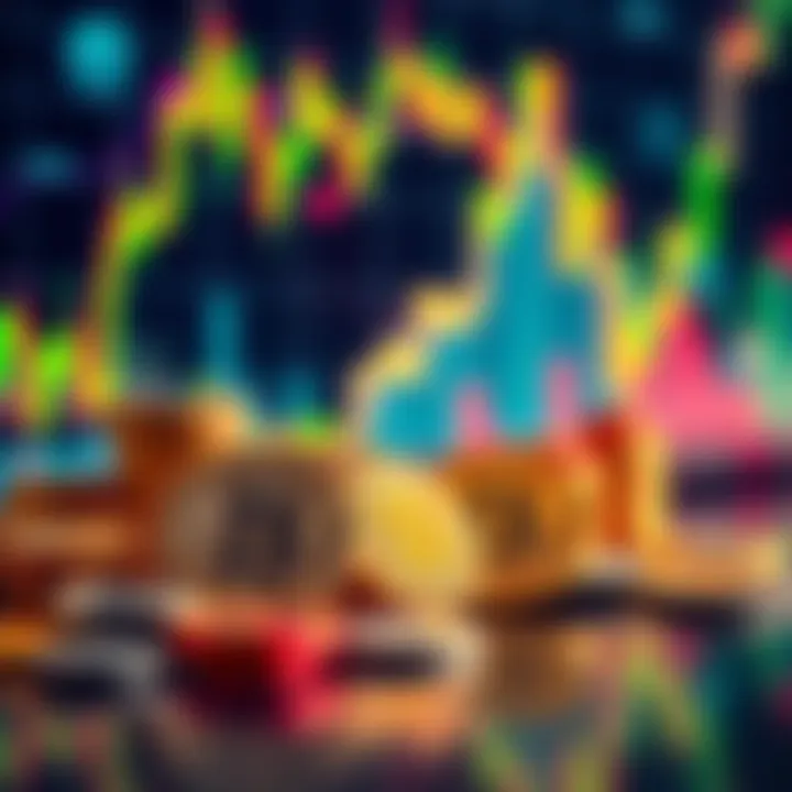 A collection of cryptocurrency coins alongside a rising stock market chart, illustrating the growth of crypto investments.