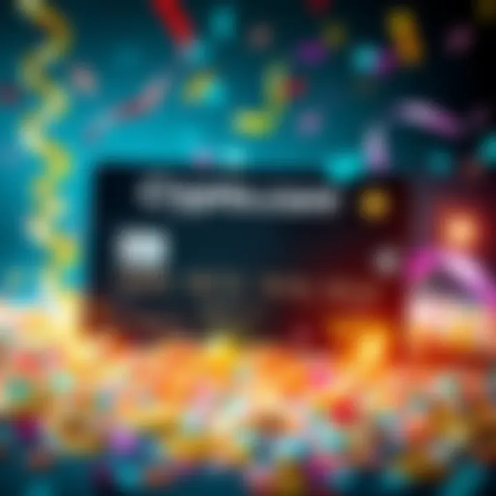 A festive graphic showcasing the Crypto.com Visa Signature Credit Card with rewards and benefits text, surrounded by confetti and celebration elements.