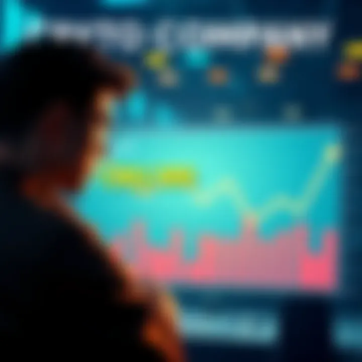A graph showing declining profits for a crypto company, with worried investors looking on in the background.