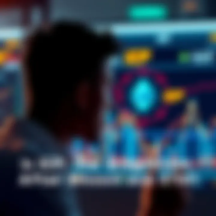 A person looking at a digital screen displaying Bitcoin, Ethereum, and ICP graphics, pondering its potential in cryptocurrency