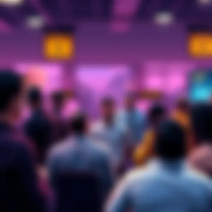 A group of people engaged in a cryptocurrency discussion, sharing tips and insights with caution signs in the background.