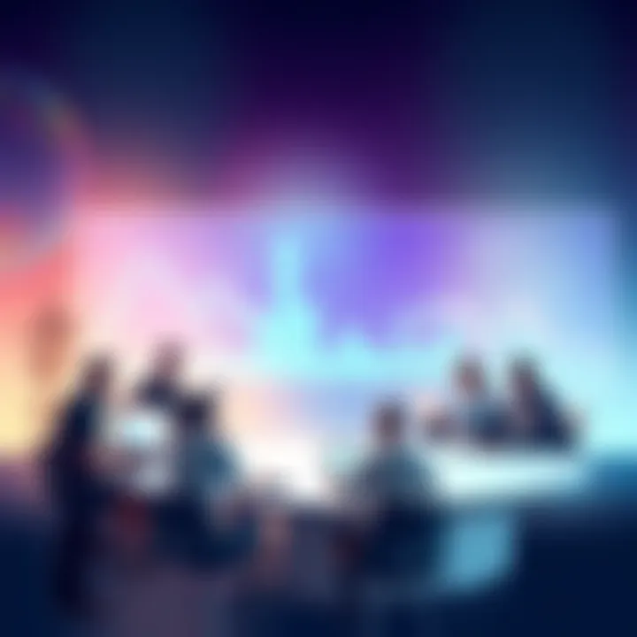 A digital illustration of people discussing cryptocurrency with charts and laptops around them.