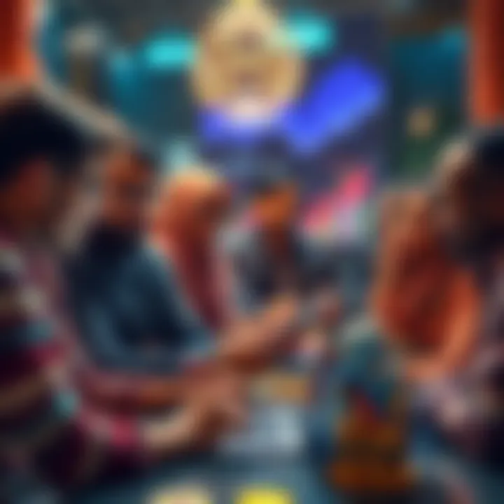 A diverse group of people engaging in a discussion about cryptocurrency, with charts and digital coins displayed on a laptop screen.
