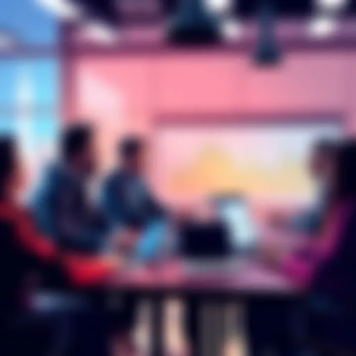 A group of diverse people discussing cryptocurrency with charts and laptops in front of them