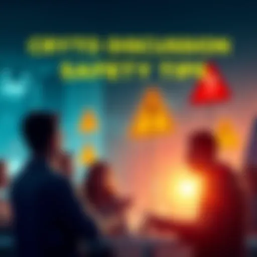 A group of people discussing cryptocurrency safety, with warning signs and tips visible in the background.