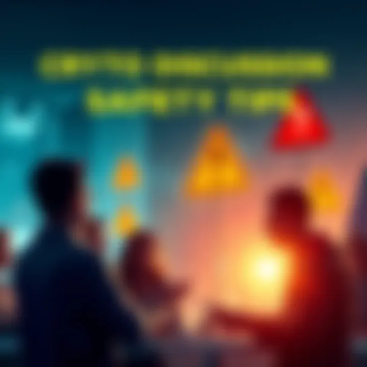 A group of people discussing cryptocurrency safety, with warning signs and tips visible in the background.