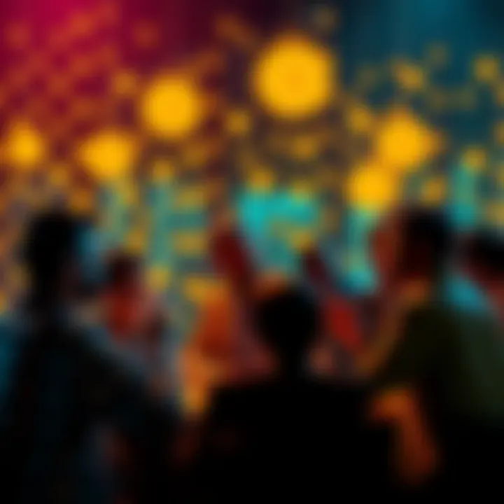 A group of people engaging in a lively discussion about cryptocurrency, sharing insights and tips, with digital currency symbols in the background.