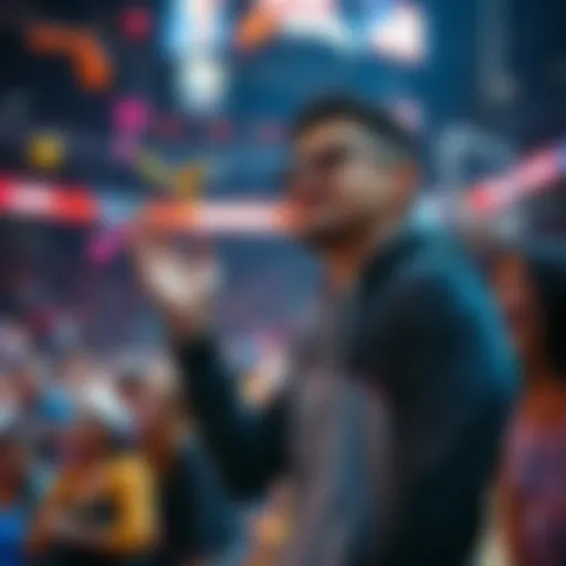A man throws colorful sex toys into the air at a lively WNBA game, surrounded by surprised fans