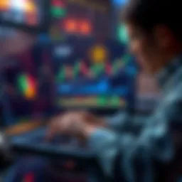 A person analyzing cryptocurrency charts on a laptop, with ETH and XRP symbols visible, showing potential investment strategies.