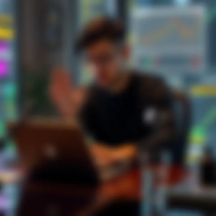 Individual sitting at a desk, looking at graphs and charts on a laptop, symbolizing struggles with crypto investments and emotional well-being.