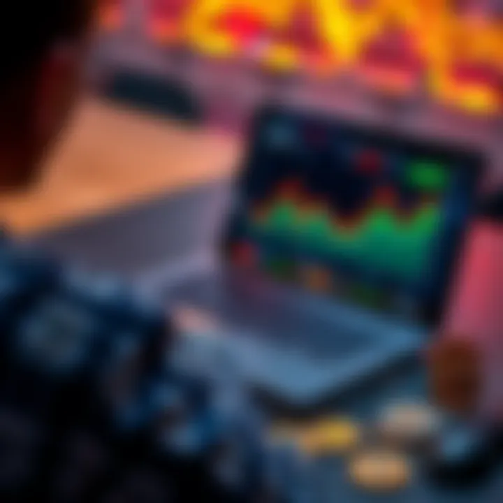 A person analyzing a chart of cryptocurrencies on a laptop with various digital coins on the table.