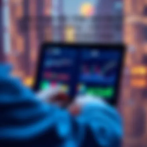 A person analyzing cryptocurrency trends on a laptop, with charts and graphs visible on the screen