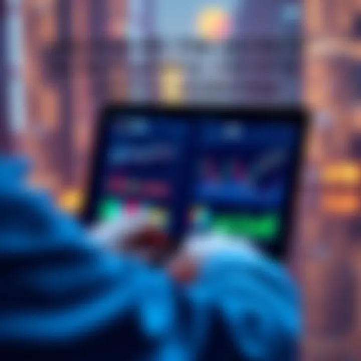 A person analyzing cryptocurrency trends on a laptop, with charts and graphs visible on the screen