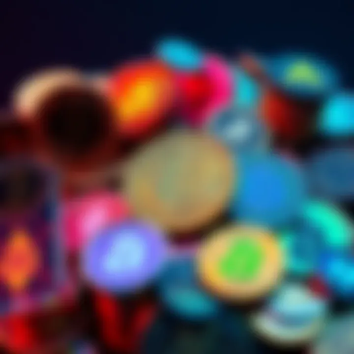 A collection of various cryptocurrency tokens symbolizing potential investments for short-term gains, with an emphasis on altcoins and meme coins.