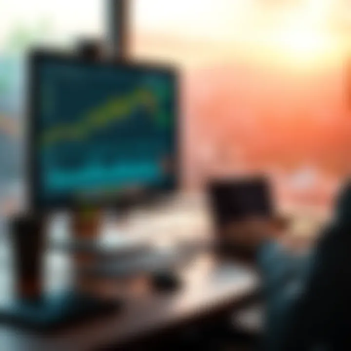 A calm scene showing a person analyzing crypto charts on a computer, with a coffee cup nearby, representing strategic investment during market lulls