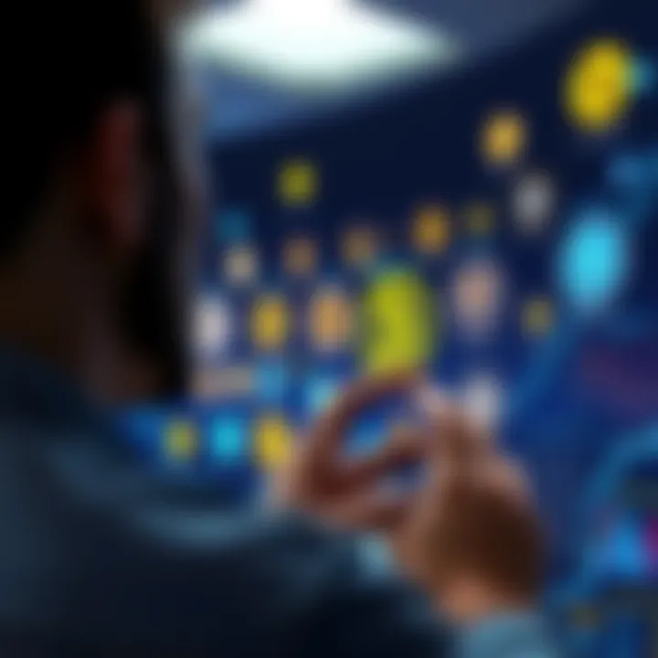 A person examining various cryptocurrency symbols on a digital screen, contemplating investment options.