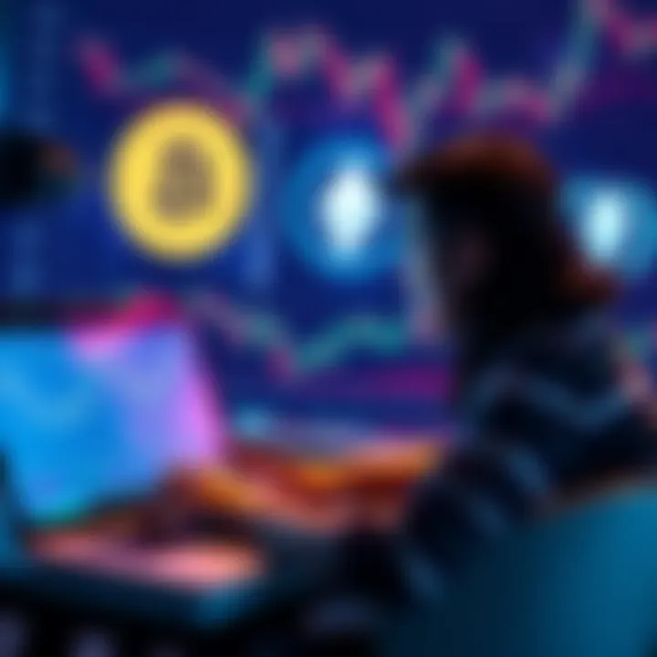 A person analyzing crypto charts on a laptop, with Bitcoin and Ethereum logos in the background, reflecting on investment strategies.