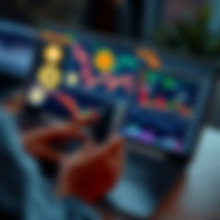 A person reviewing different cryptocurrencies on a laptop with graphs and charts visible on the screen