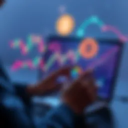 A person analyzing cryptocurrency charts on a laptop with Bitcoin and Ethereum icons in the background.