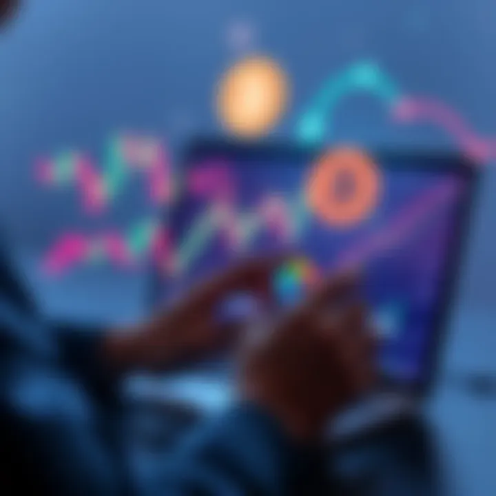 A person analyzing cryptocurrency charts on a laptop with Bitcoin and Ethereum icons in the background.