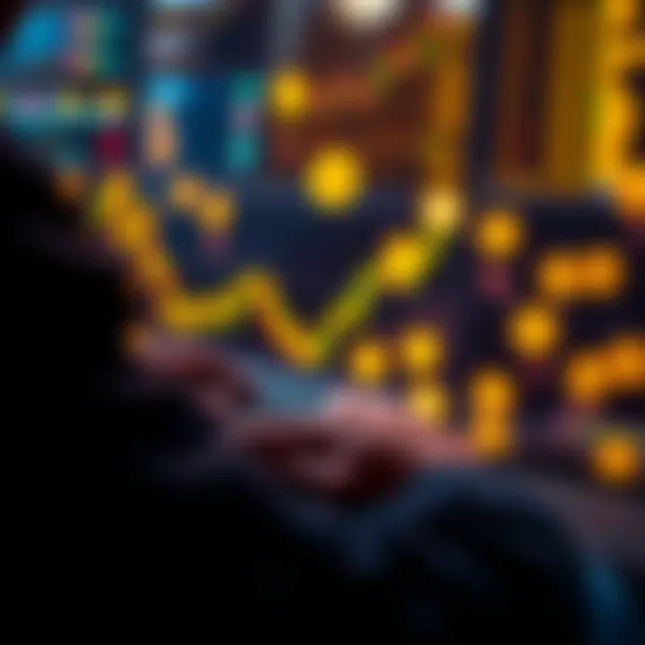 A person analyzing crypto charts on a laptop with digital currency symbols around them.
