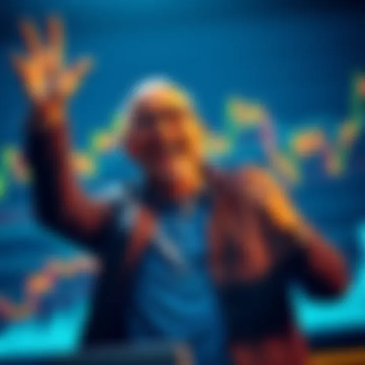 A happy investor celebrating a successful crypto investment with graphs and charts in the background.