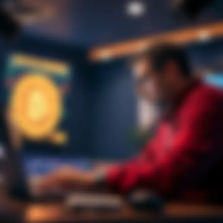 A determined crypto investor looking at a laptop, focused on rebuilding their portfolio after losing money in a scam.