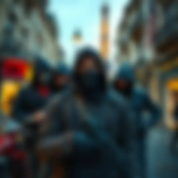 A group of masked individuals confront a young man in an urban Paris backdrop, symbolizing the rising violence against cryptocurrency enthusiasts.