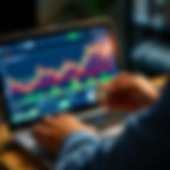 A person analyzing cryptocurrency graphs on a laptop while holding Ethereum coins, representing the concept of taking a crypto loan.