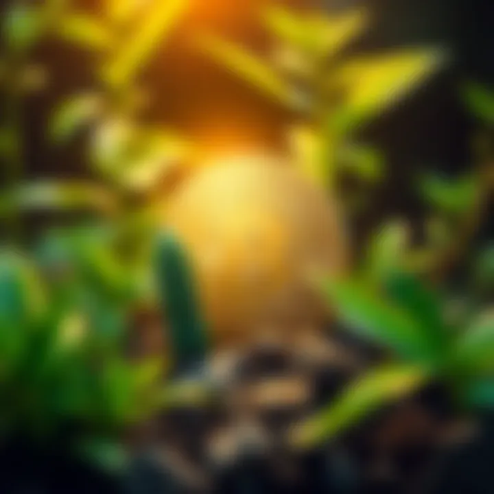Illustration of a digital coin representing a sustainable cryptocurrency, surrounded by green plants to signify low carbon footprint.