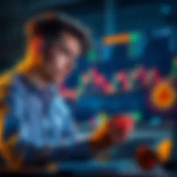 A young investor looking at charts on a laptop, considering options in a fluctuating cryptocurrency market.
