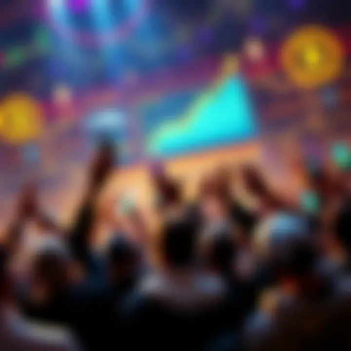 People celebrating the rise of cryptocurrency prices with charts and graphs showing an upward trend.