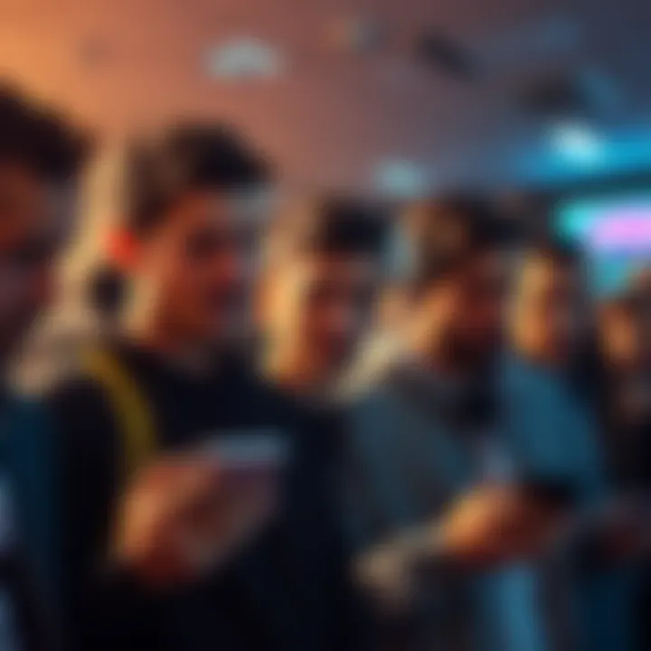 A group of crypto enthusiasts looking shocked and disappointed as they check their phones during a sudden market decline.